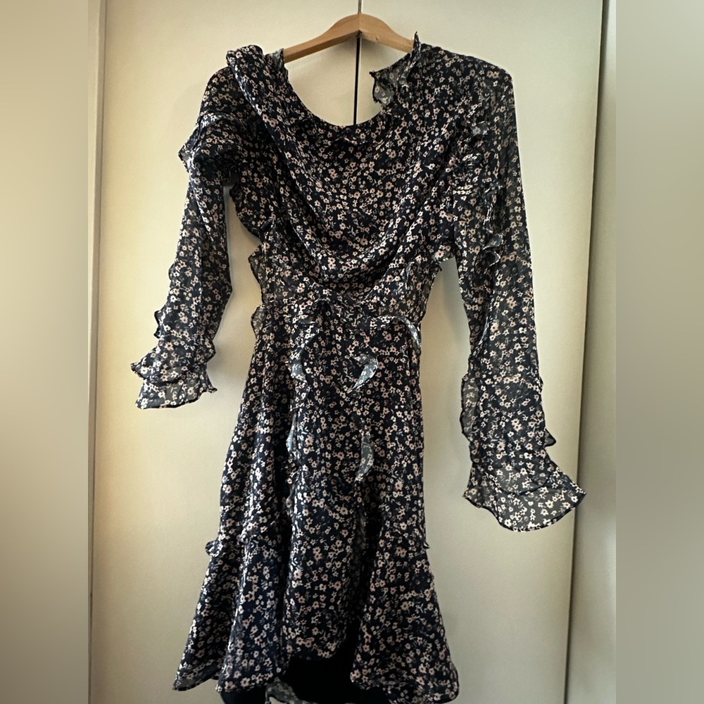 Fame and Partners Black Floral Ruffle Long-Sleeve Midi Dress